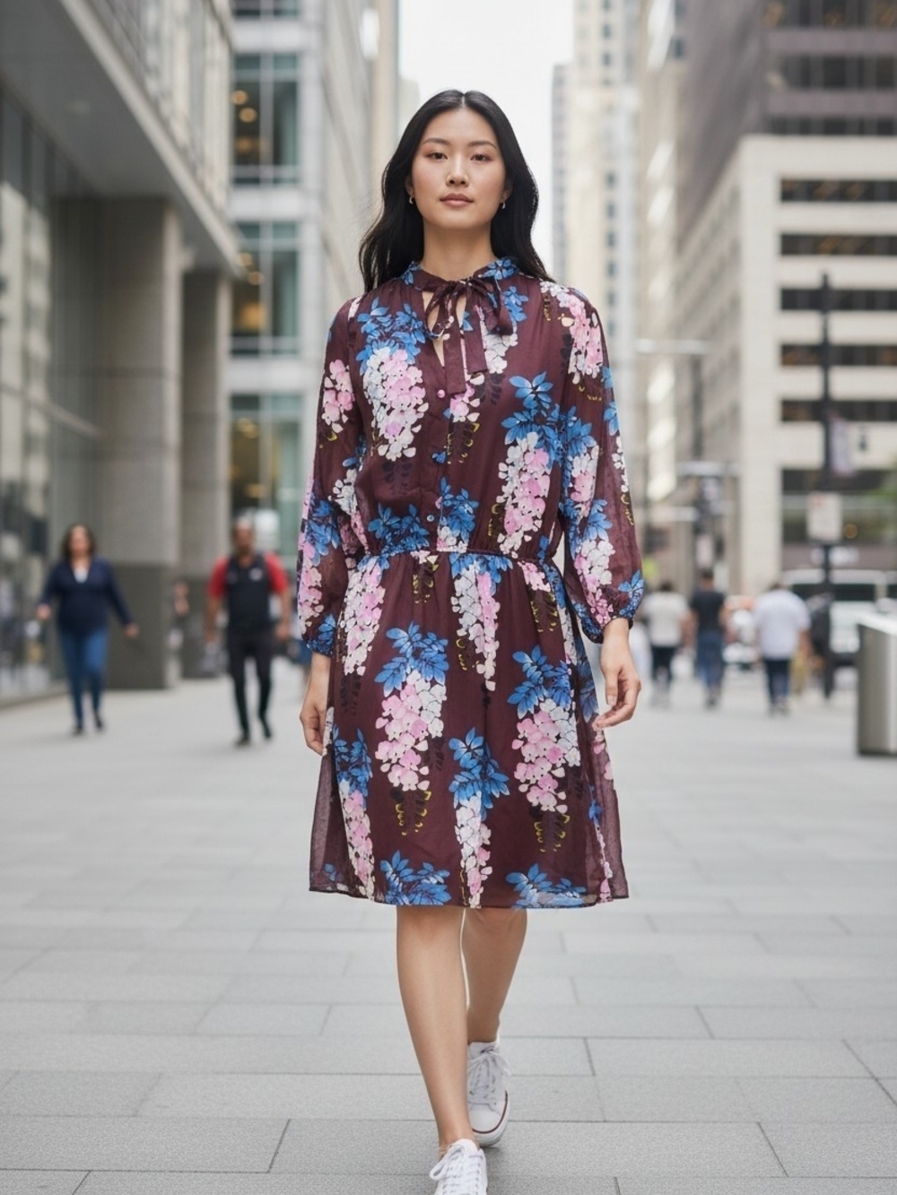 Women Ann Taylor Elegant Chiffon Burgundy Floral 3/4 Sleeve Dress  M Neck Tie